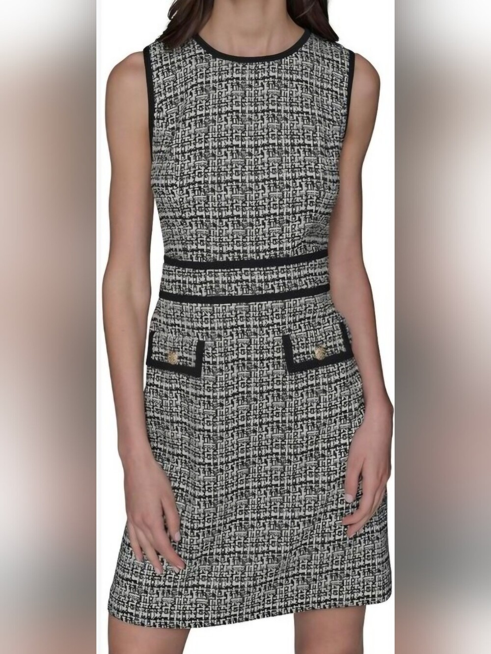 Designer Karl Lagerfeld Black and White Tweed Midi Dress with Gold Buttons. NWOT
